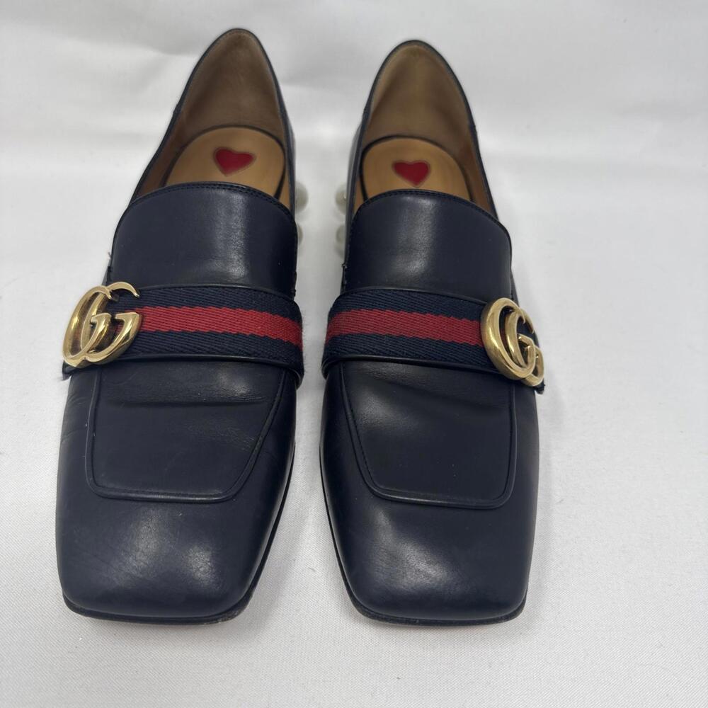 Gucci Black Leather Peyton GG Slyvie Pearl Studded Loafer Size 37.5